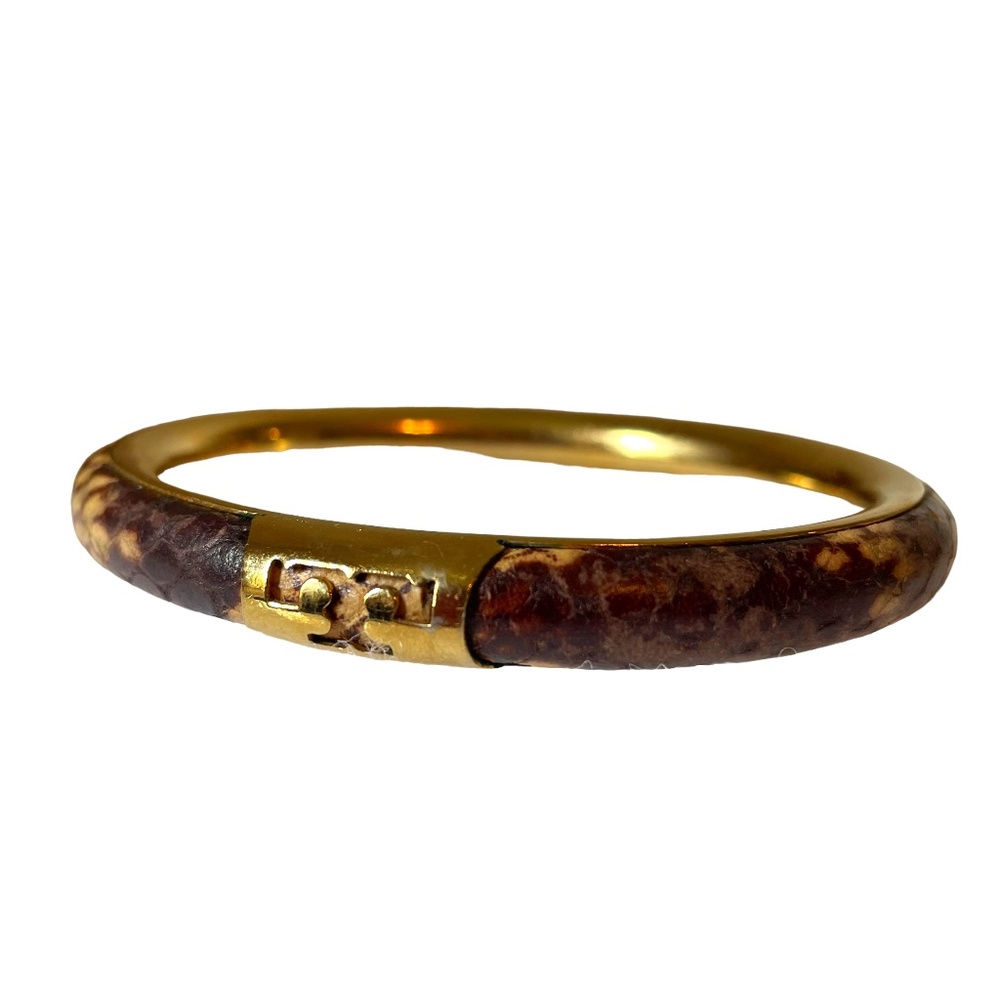 Tory Burch Leather Snakeskin Gold Logo Oval Bangle Bracelet